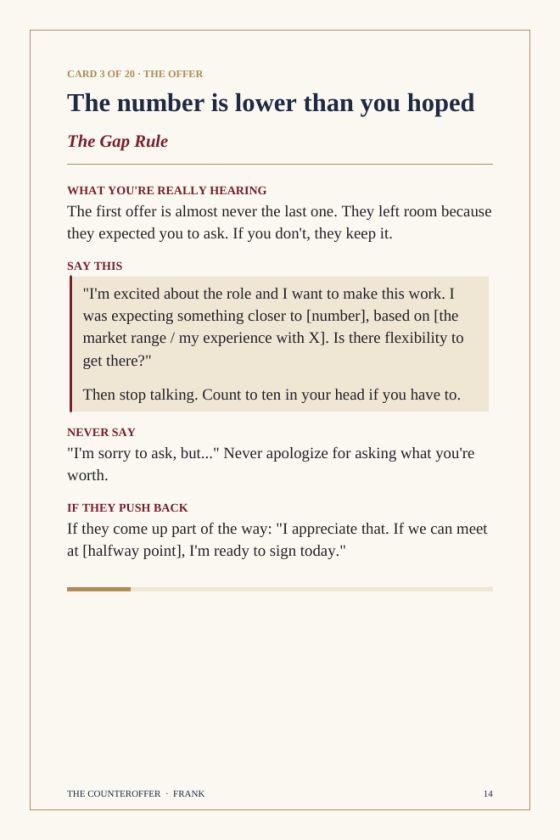 Sample page: Card 3, The number is lower than you hoped, showing the Gap Rule and the exact words to say.