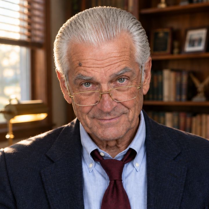 Frank Sedlak, an AI-generated character: a 78-year-old man with silver hair and gold glasses, looking over his glasses with a sly smile.